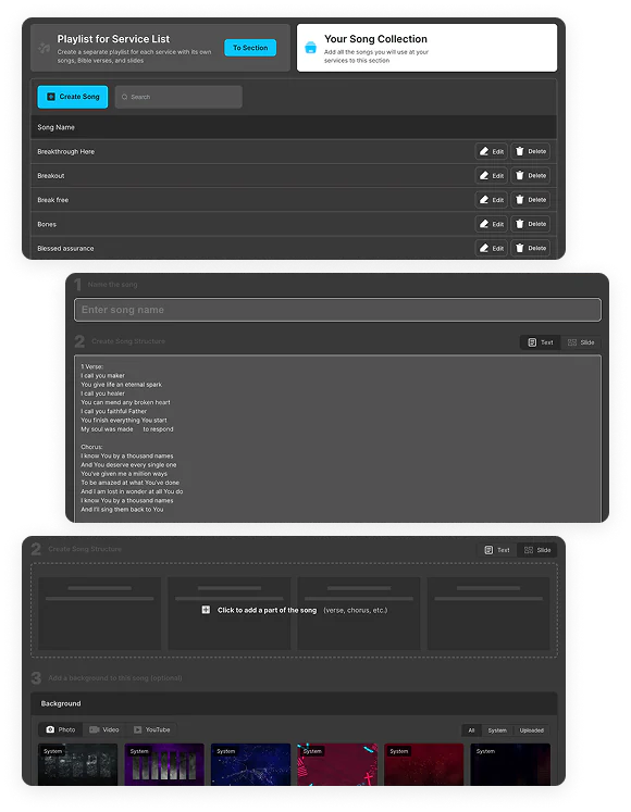 WorshipScreen song library, lyrics editor and background selection