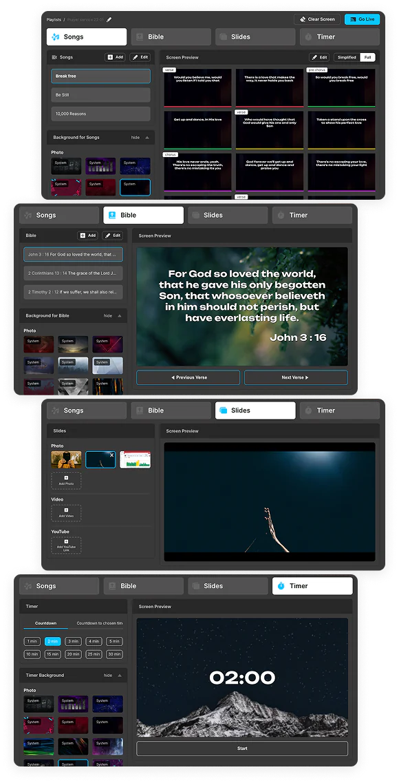 WorshipScreen live controls for song slides, Bible passages, media and a countdown timer