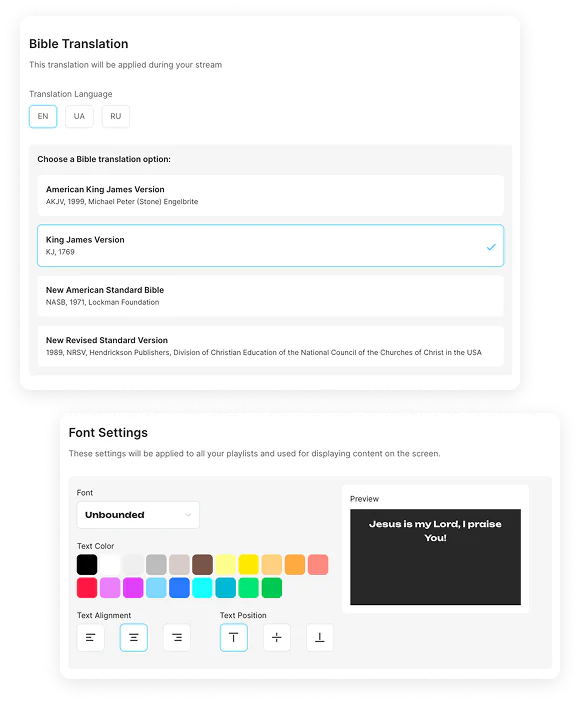 WorshipScreen settings for Bible translation, font, text colour, alignment and position