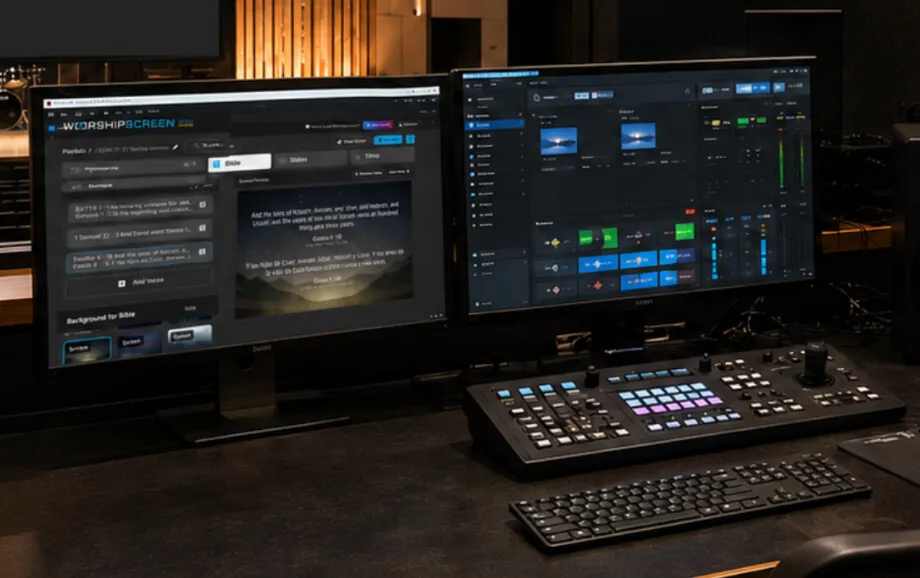 Two-monitor workstation showing WorshipScreen alongside media production controls