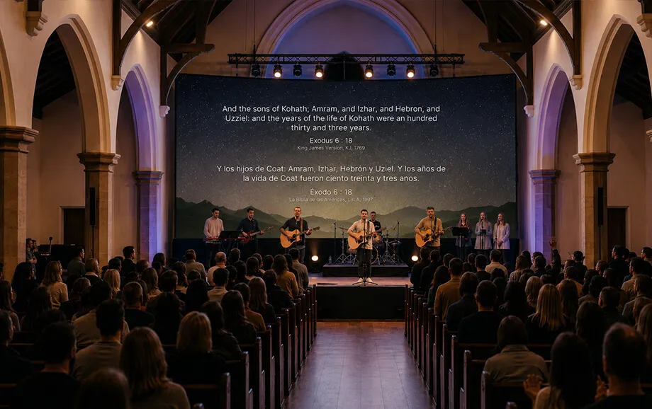 Congregation facing a worship band and a screen with Bible text in two languages