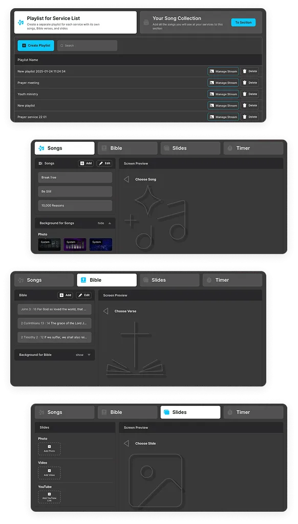 WorshipScreen service playlist with tabs for songs, Bible passages and slides