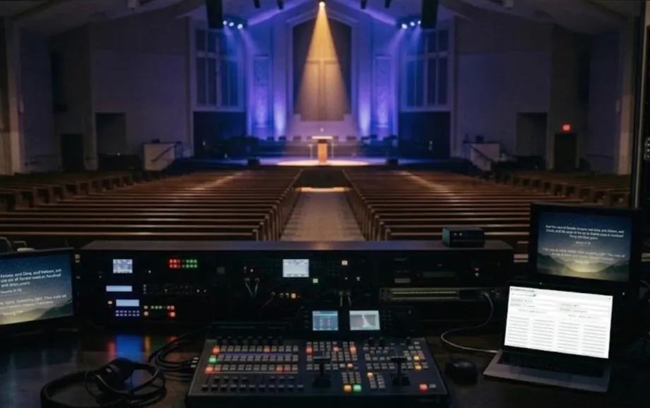 Church production desk with several monitors and a laptop facing an illuminated stage
