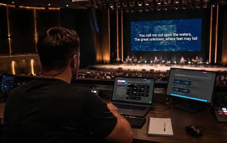 Church screen operator managing presentation slides from a laptop and external monitor