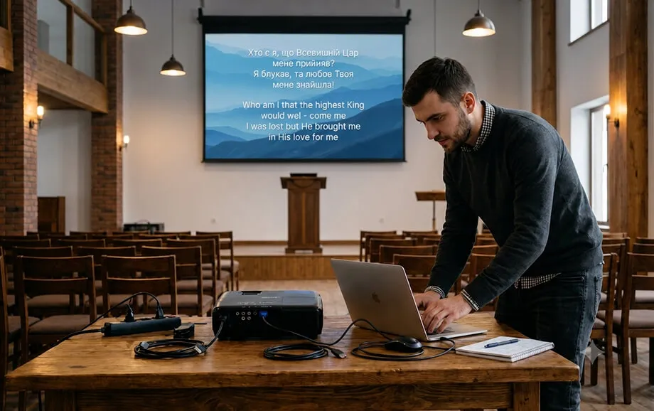 Volunteer connecting a laptop and projector with song lyrics displayed in a small church