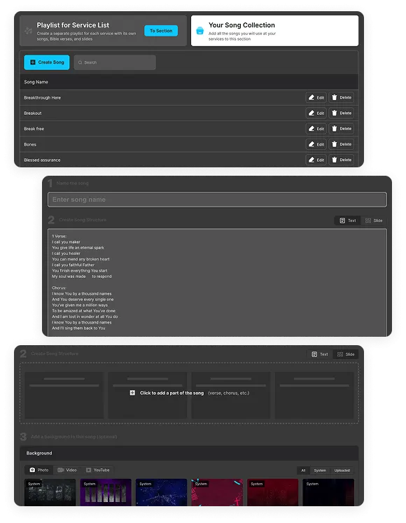 WorshipScreen song library, lyrics editor and background selection