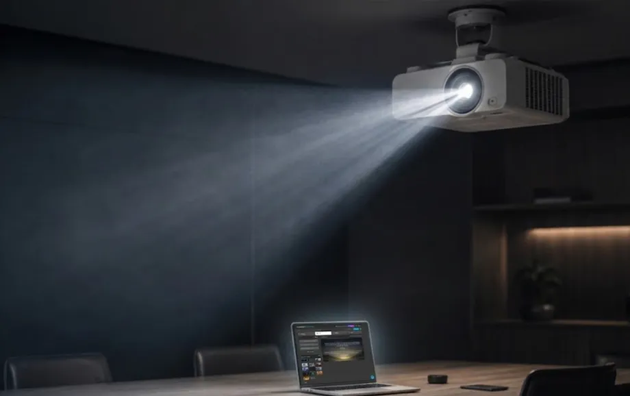 Ceiling-mounted projector casting light above a laptop in a meeting room