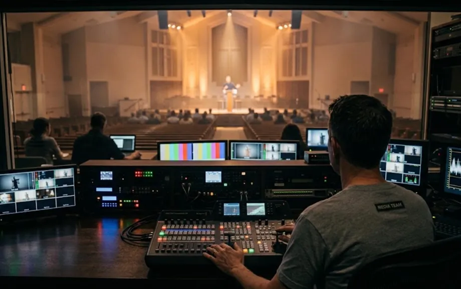 Church media operator monitoring video feeds and production controls during a service