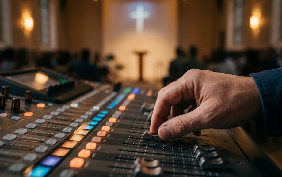 Hand adjusting a fader on a church audio mixing console