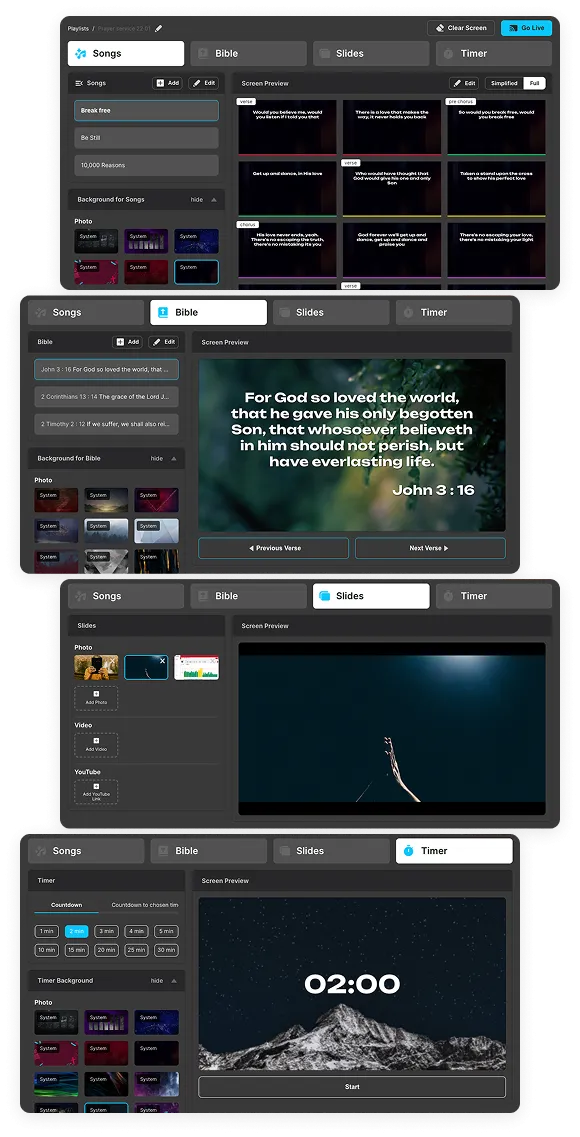 WorshipScreen live controls for song slides, Bible passages, media and a countdown timer