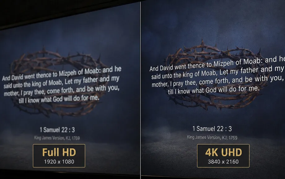 Side-by-side comparison of Bible text at Full HD 1920 × 1080 and 4K UHD 3840 × 2160