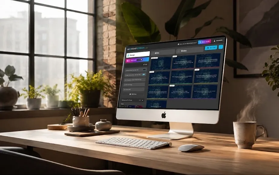 Бібліотека пісень і попередній перегляд слайдів WorshipScreen на iMac