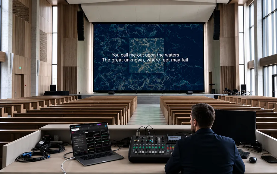 Operator controlling song lyrics on a large church screen from a laptop
