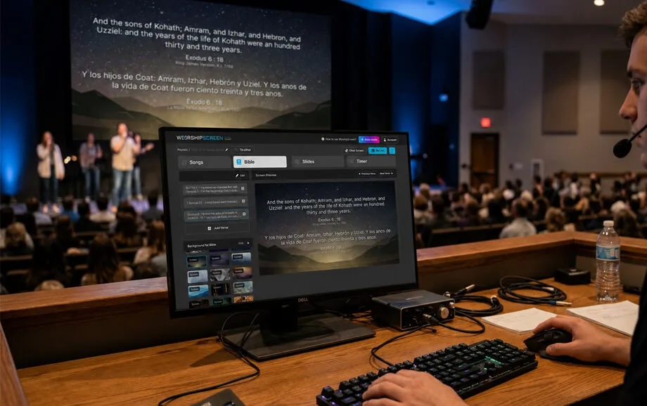 Church presentation workstation with Bible controls, monitor, keyboard and display cables