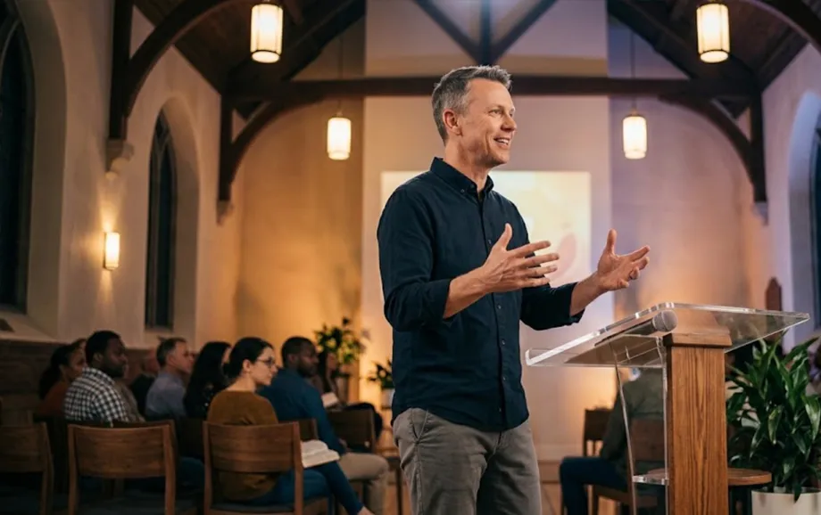 Speaker addressing a congregation from a lectern with a screen behind him