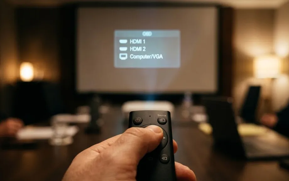Projector remote used to select an HDMI or VGA input from the on-screen menu