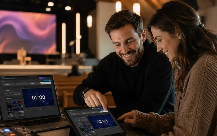 Two volunteers setting up a WorshipScreen countdown on a laptop and tablet