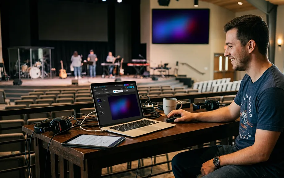 Volunteer preparing visual backgrounds on a laptop before a church service