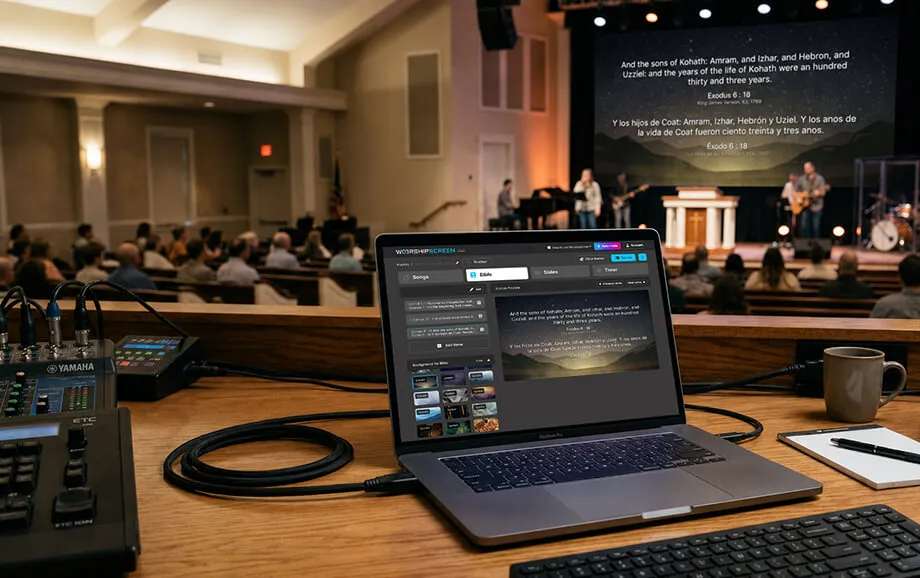 Керування Біблією у WorshipScreen на ноутбуці та вибраний уривок на церковному екрані
