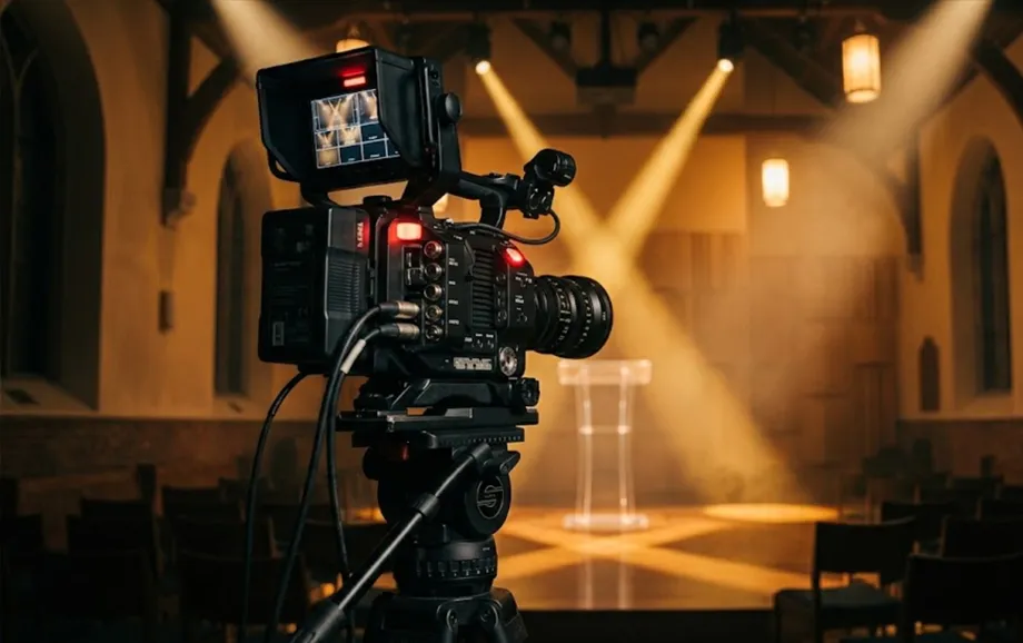 Video camera on a tripod aimed at a church stage