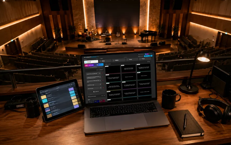 Operator workstation with a WorshipScreen laptop, tablet, headphones and notes before a service