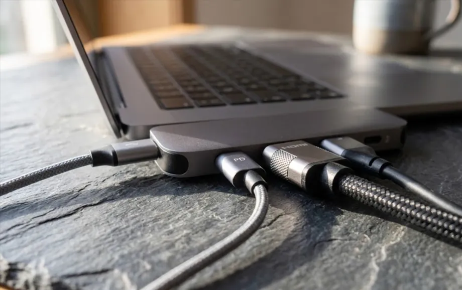 Ноутбук із кількома кабелями, підключеними через док-станцію USB-C