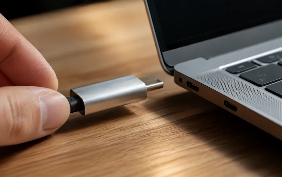 USB-C video adapter being connected to a laptop