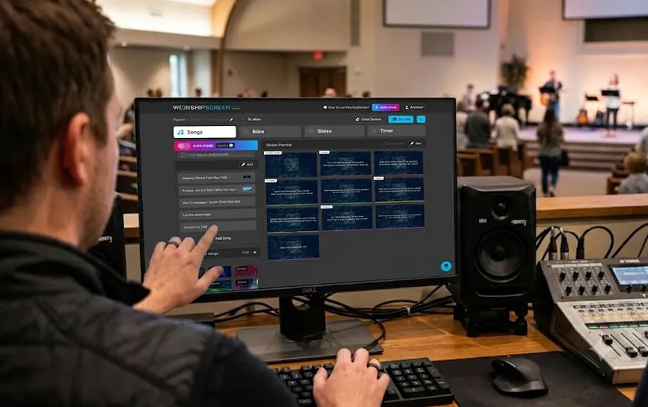 Operator selecting song slides in WorshipScreen at a church media workstation