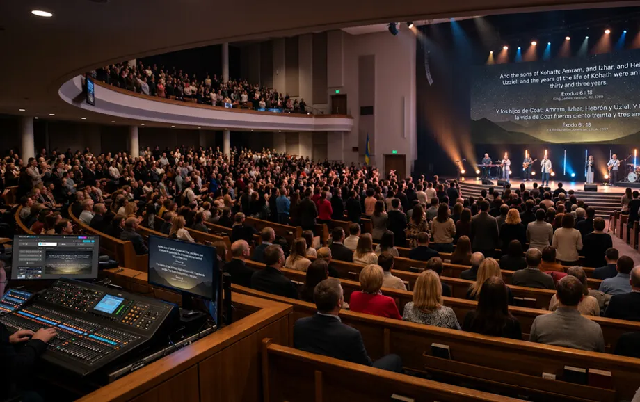 Media control desk overlooking a large congregation and a screen with Bible text